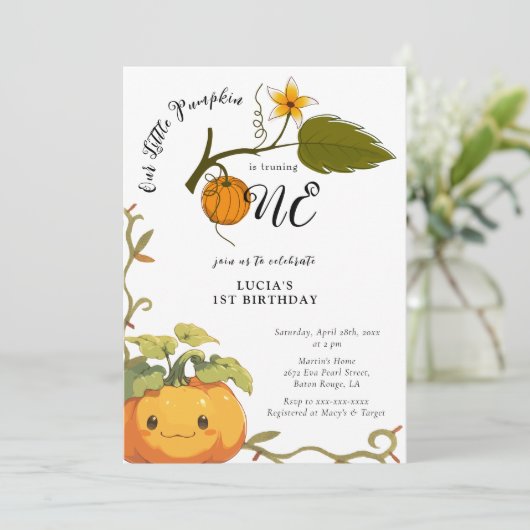 Schattige lachend pompoenland 1e verjaardag kaart (Staand voorkant)