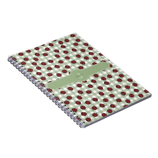 Schattige Ladybug Pattern Green Gingham Monogram N Notitieboek (Rechterzijde)
