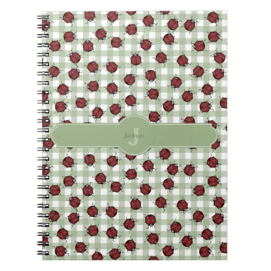 Schattige Ladybug Pattern Green Gingham Monogram N Notitieboek (Voorkant)