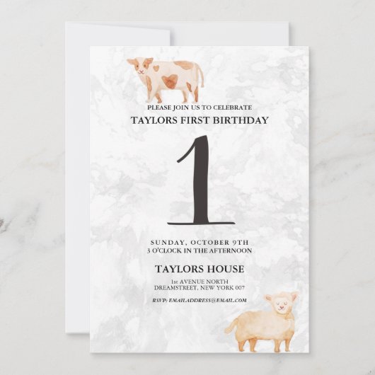 Schattige Lam & Koe Schoendieren 1e Verjaardagsfee Kaart (Voorkant)