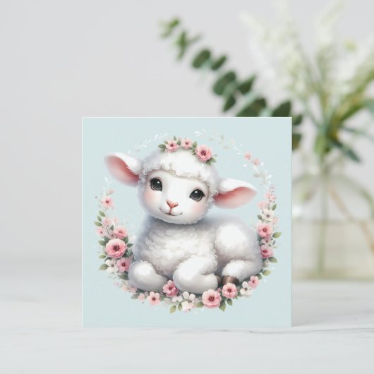 Schattige Lam Met Bloemenkroon Illustratie Kaart (Staand voorkant)