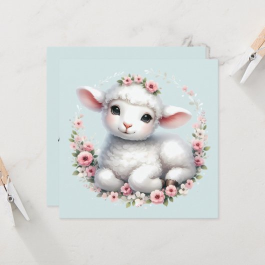 Schattige Lam Met Bloemenkroon Illustratie Kaart (Voorkant / Achterkant in situ)
