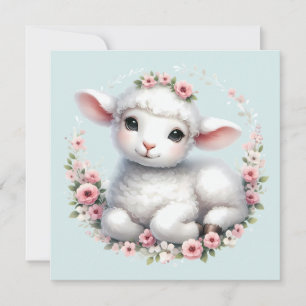 Schattige Lam Met Bloemenkroon Illustratie Kaart