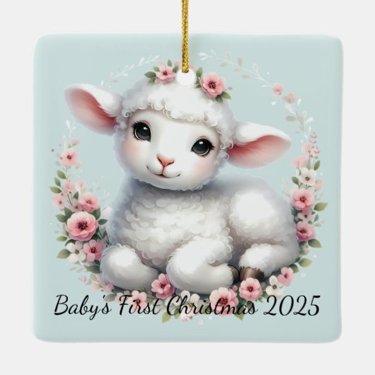 Schattige Lam Met Bloemenkroon Illustratie Keramisch Ornament (Achterkant)