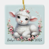 Schattige Lam Met Bloemenkroon Illustratie Keramisch Ornament (Voorkant)