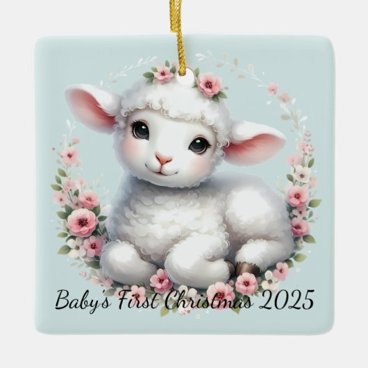 Schattige Lam Met Bloemenkroon Illustratie Keramisch Ornament (Voorkant)