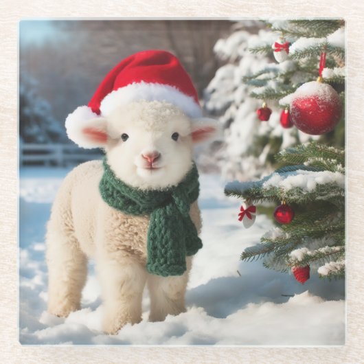 Schattige lam met een sjaal en een kerstmuts glazen onderzetter (Voorkant)