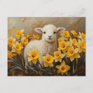 Schattige Lam Met Geel Daffodils Schilderij Briefkaart