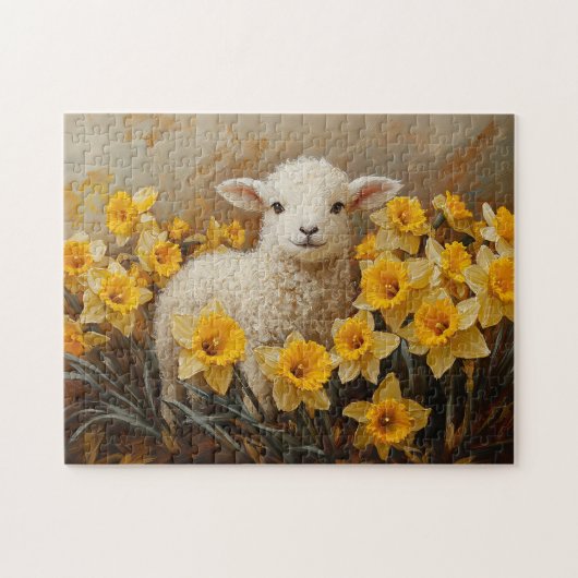 Schattige Lam Met Geel Daffodils Schilderij Legpuzzel (Horizontaal)