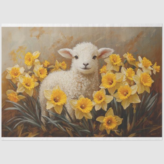Schattige Lam Met Gele Daffodils Schilderij Decoup Tissuepapier (Voorkant)