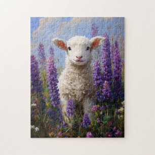 Schattige Lam Paarse Lupine Flowers Legpuzzel