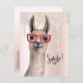 Schattige Lama Meisjesachtige Roze Glitters Bedank Briefkaart (Voorkant / Achterkant)