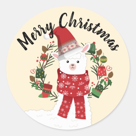 Schattige lama met kerstkrans ronde sticker (Voorkant)