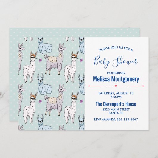 Schattige Lama Pattern op Polka Dots Baby shower Kaart (Voorkant / Achterkant)