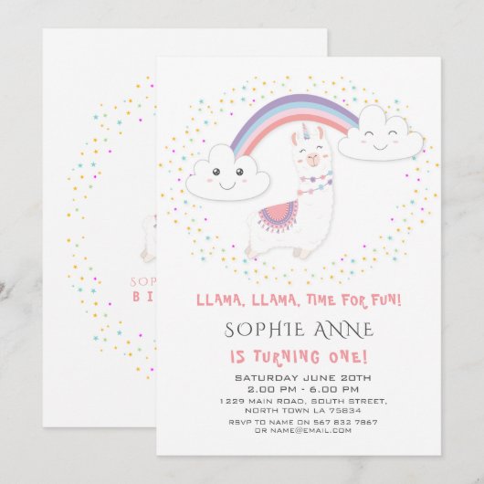 Schattige Lama Regenboog Kleurrijke Sterren Eerste Kaart (Voorkant / Achterkant)
