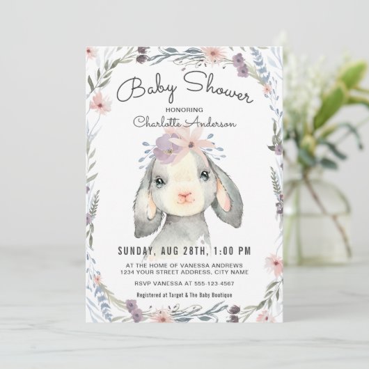 Schattige Lamb and Flowers Baby shower Invitation Kaart (Staand voorkant)