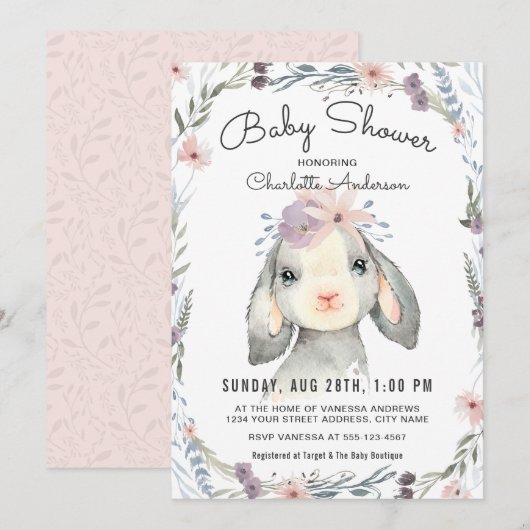 Schattige Lamb and Flowers Baby shower Invitation Kaart (Voorkant / Achterkant)
