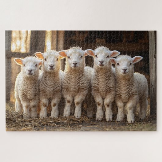 Schattige lammeren op een rij rustiek Boerderij Legpuzzel (Horizontaal)