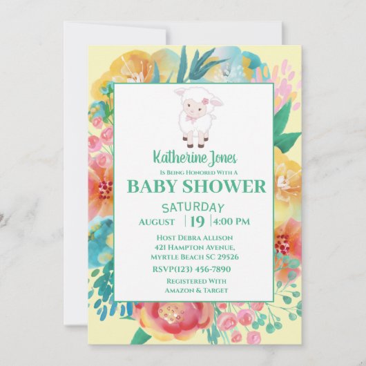 Schattige lamsgeel groen bloemig Baby shower Kaart (Voorkant)