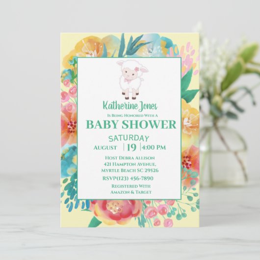 Schattige lamsgeel groen bloemig Baby shower Kaart (Staand voorkant)