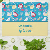 Schattige Land Blauw Retro Teacup Hart Vogelpatroo Theedoek (Gevouwen)