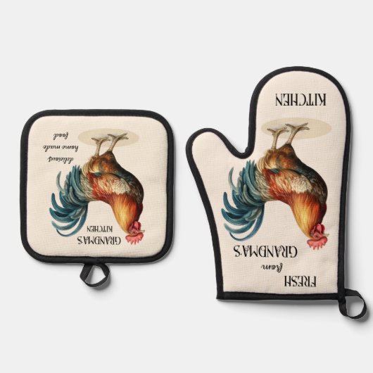 Schattige Land Haan Oma Ovenwant & Pannenlap Set (Voorkant)