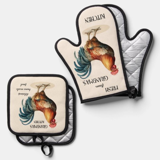 Schattige  Land Haan Oma Ovenwant & Pannenlap Set (Voorkant / Achterkant)