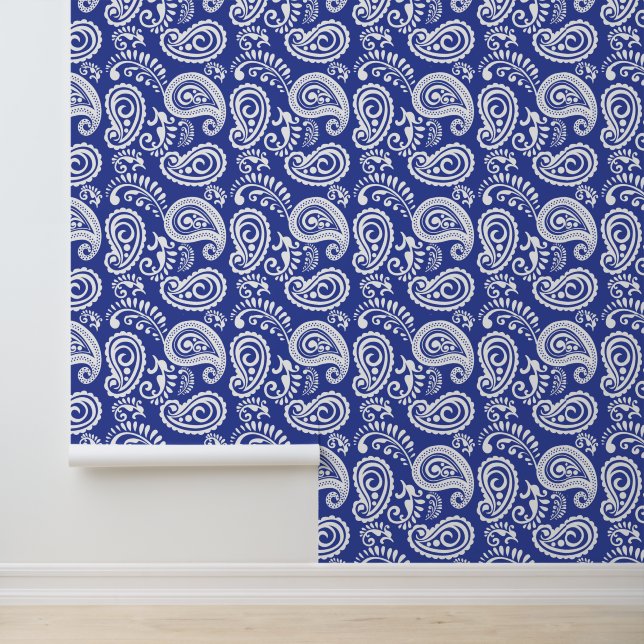 Schattige Land Paisley patroon blauw wit Behang (Applicatie)