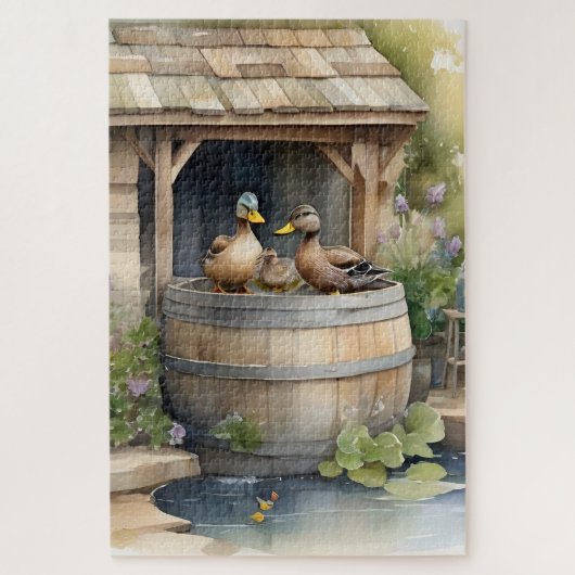 Schattige Land Waterkleur Bathing Ducks Legpuzzel (Verticaal)