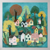 Schattige Landdorp Blauwgroen Kleurrijke Waterverf Poster (Voorkant)