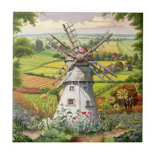 schattige landwindmolens tegeltje