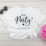 Schattige Las Vegas vrijgezellenfeest T-shirt<br><div class="desc">Schattigee bruidsselectie vrijgezellenfeest T-shirt met "The Party" in een chique script met een hart en "Las Vegas,  NV" in eenvoudige moderne typografie. Je kunt de feestbestemming en de kleur van het T-shirt wijzigen. Een coördinerende "Wife Of The Party" t-shirt is beschikbaar voor de bruid.</div>