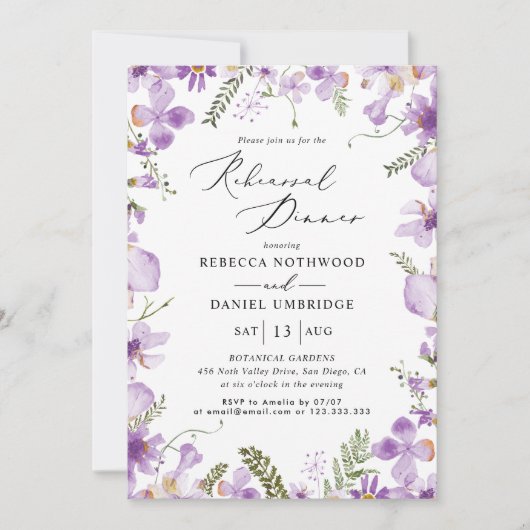 Schattige Lavendel Bloemenbruiloft repetitie diner Kaart (Voorkant)