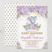 Schattige Lavendel Goud Bloemen Olifant Baby showe Kaart (Voorkant / Achterkant)