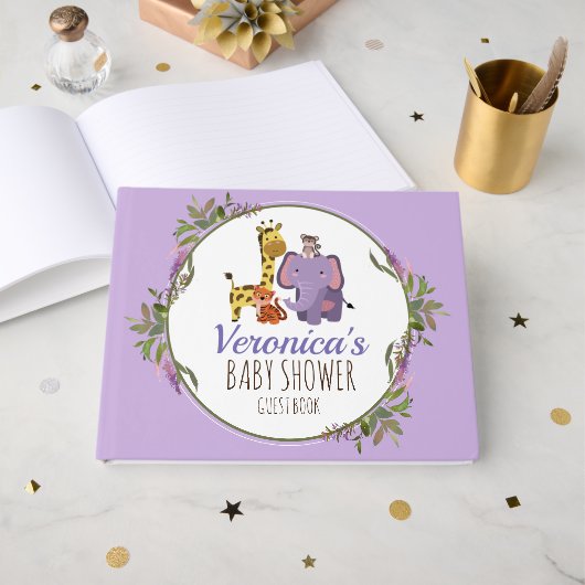 Schattige Lavendel Oerwoud Safari Dier Baby shower Gastenboek (Voorkant open)