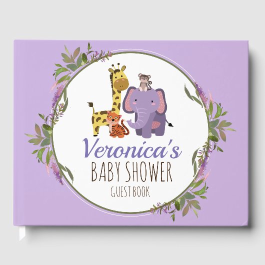 Schattige Lavendel Oerwoud Safari Dier Baby shower Gastenboek (Voorkant)