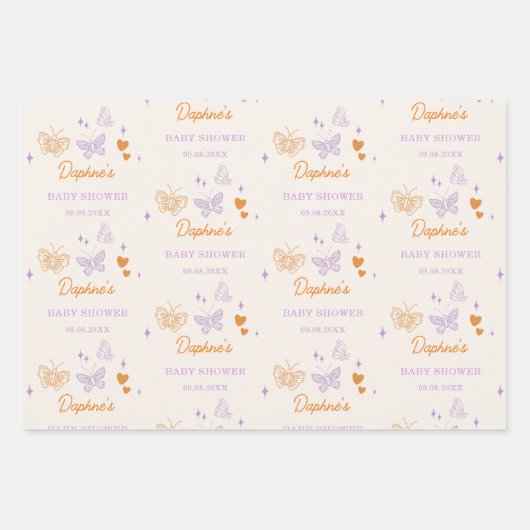 Schattige Lavendel & Oranje Vlinder Baby shower Inpakpapier Vel (Voorkant)