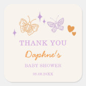 Schattige Lavendel & Oranje Vlinder Baby shower Vierkante Sticker (Voorkant)