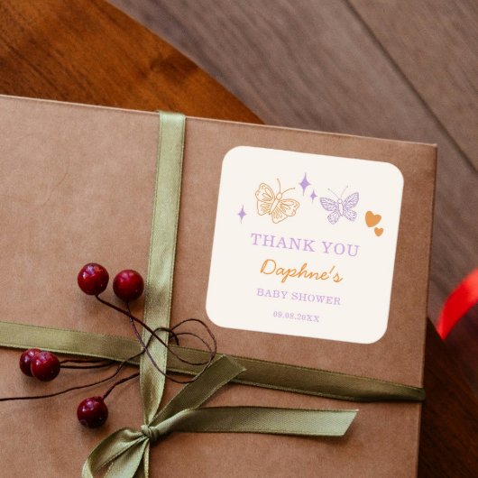 Schattige Lavendel & Oranje Vlinder Baby shower Vierkante Sticker