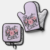 Schattige Lavendel Paarse Beste Mam Ooit Ovenwant & Pannenlap Set (Voorkant / Achterkant)