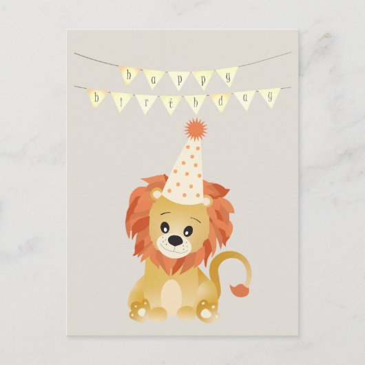 Schattige Leeuw Draagt Feesthoed Verjaardagsbanner Briefkaart (Voorkant)
