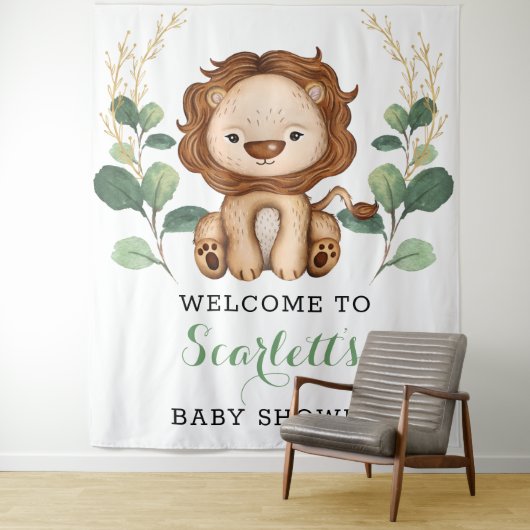Schattige Leeuw Jungle Koning Groene Baby Shower W Wandkleed (In situ)