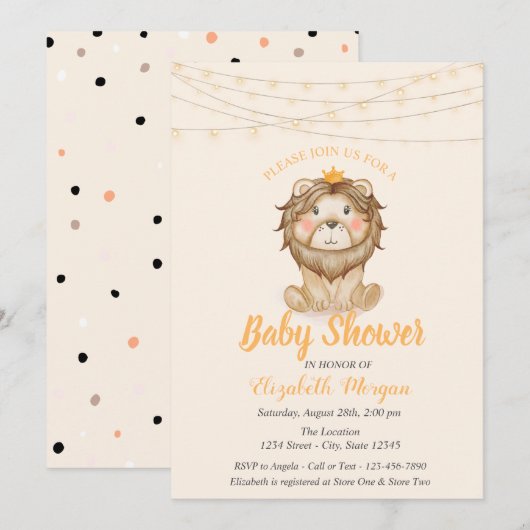 Schattige Leeuw, Slingerlichtjes, Stippen Baby Sho Kaart (Voorkant / Achterkant)