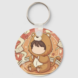 Schattige Leeuwenjongen Drinkt Koffie Sleutelhanger