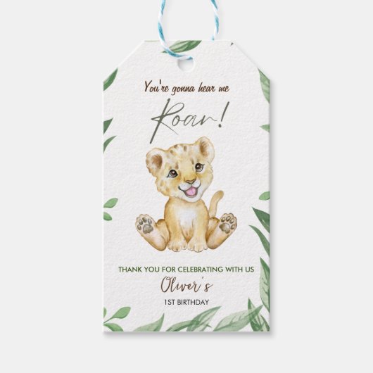Schattige leeuwenwel verjaardag cadeaulabel (Voorkant)
