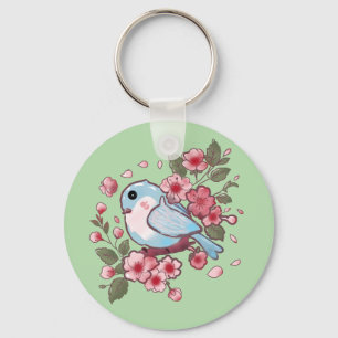 Schattige Lente Blauwe Vogel & Kersenbloesem Aquar Sleutelhanger