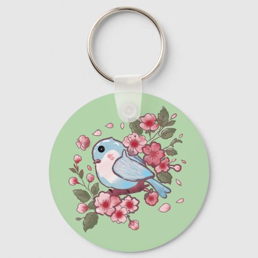 Schattige Lente Blauwe Vogel & Kersenbloesem Aquar Sleutelhanger (Voorkant)
