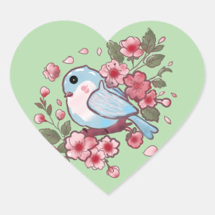 Schattige Lente Blauwe Vogel & Kersenbloesem Water Hart Sticker