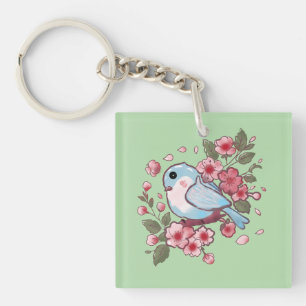 Schattige Lente Blauwe Vogel & Kersenbloesem Water Sleutelhanger