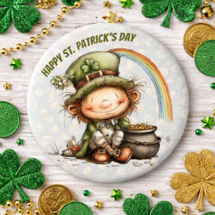 Schattige Leprechaun met Pot met Goud en Regenboog Ronde Button 6,0 Cm